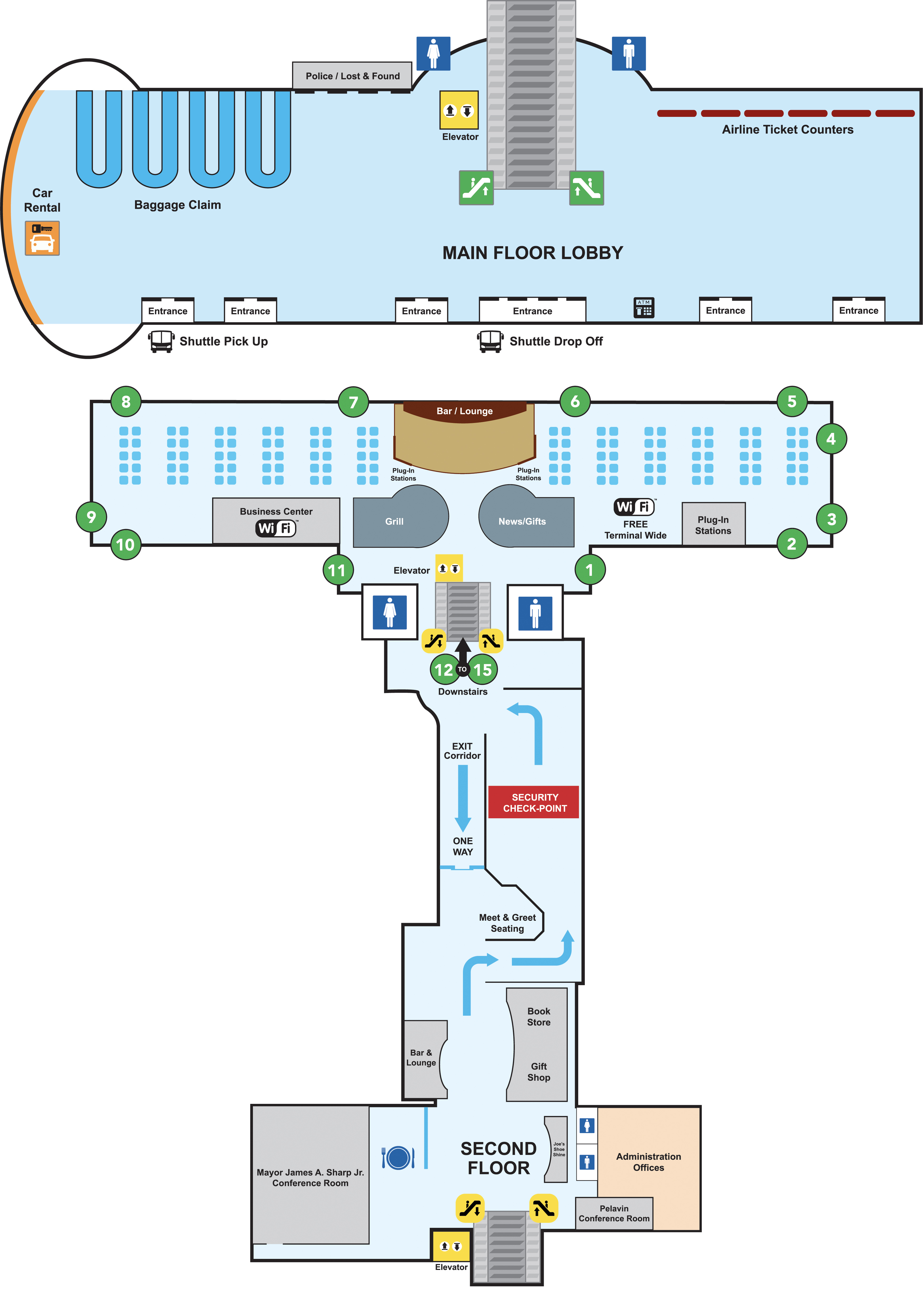Top image: Main floor lobby. From left to right. On the left, Car rental booths. The back left wall, the  Baggage claim area with 4 areas. Back wall left of the escalator is the Police, Lost and found office. Next to the is the woman's restroom and elevator. On the other side of the escalator is the men's restroom. On the back right wall is the Airline ticket counters. There are 6 entrances in the front with the shuttle pick up on the left and the shuttle drop off in the middle of the airport.          Bottom image: This is the second floor. At the top of the image are 12 terminal doors with a bar and lounge in the middle. There is a business center with free wi-fi, a grill, news and gift shop, free terminal wide, and plugin stations. In the middle are the escalators with the woman's restroom to the left and men's room to the right. Security checkpoint is in the middle along with meet and greet seating. There is a bar and lounge, book store, and giftshop there as well. At the bottom of the image is the conference room, another restaurant, admin offices and a second set of stairs and elevator.