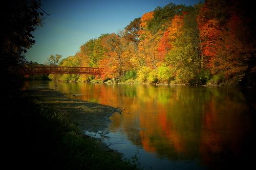 The image is of Flushing county park. There is a river surrounded by orange, green, and yellow trees. 