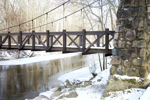 The image is of Flint Genesee of Richfield township park in the winter. There is a wooden bridge over an icy river. 
